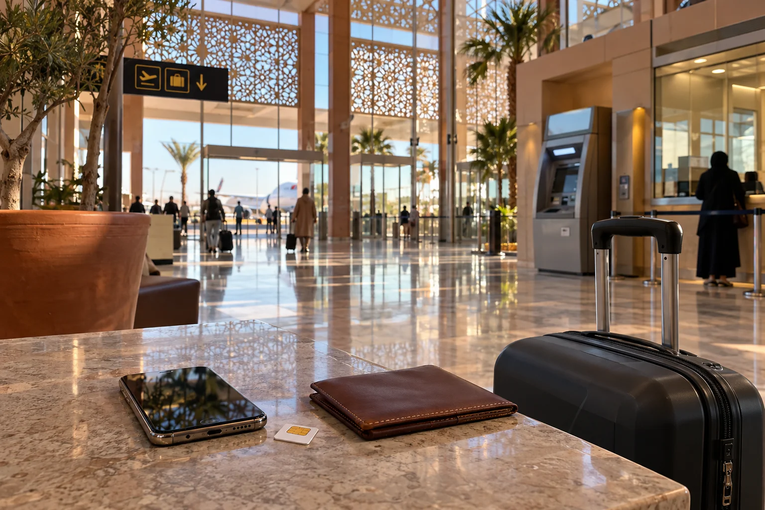 Geldautomat, SIM-Karte und Gepäck im Ankunftsbereich des Flughafens Marrakesch Menara. Flughafen Marrakesch Menara