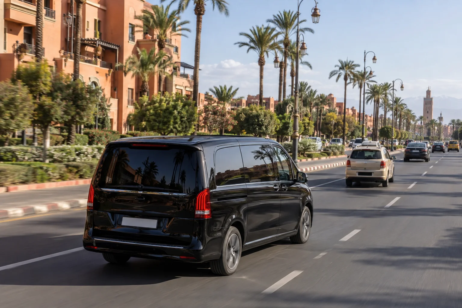 Privé minibus die van Marrakech Menara Airport naar centraal Marrakech rijdt. transfer luchthaven Marrakech