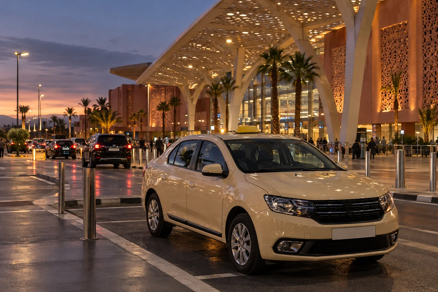 Airport taxi waiting at Marrakech Menara Airport during an evening arrival. marrakech airport taxi