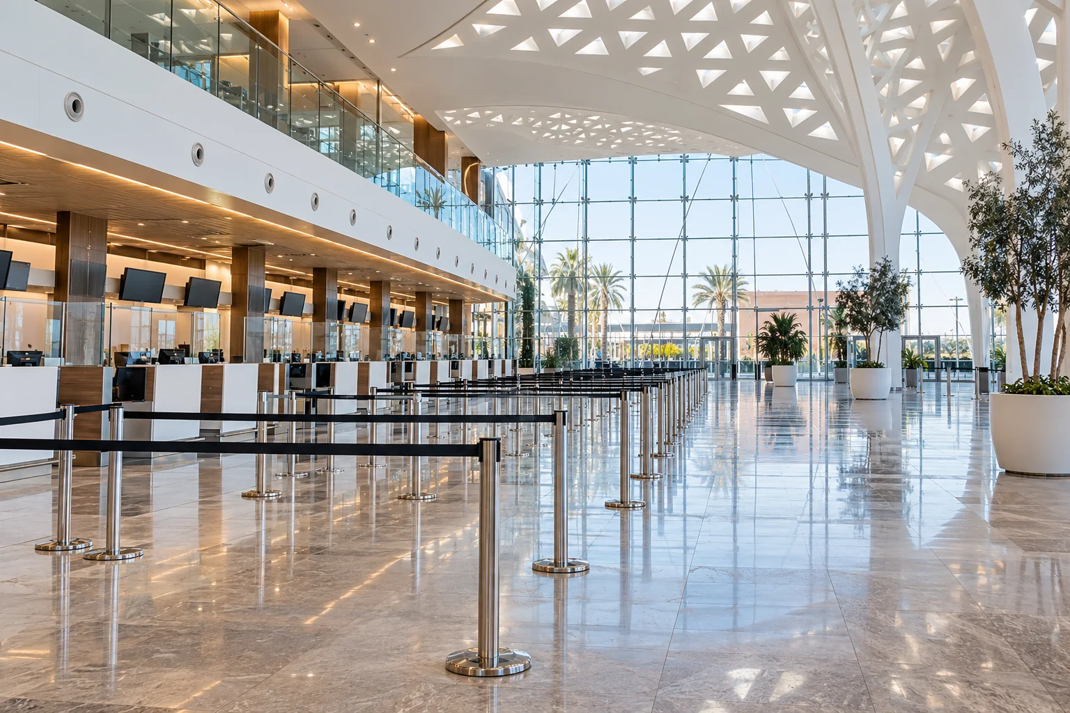 Innenraum des Flughafens Marrakesch Menara mit einem Flughafenabfertigungsbereich und Passagierverkehrsspuren. Marrakech Airport Fast Track
