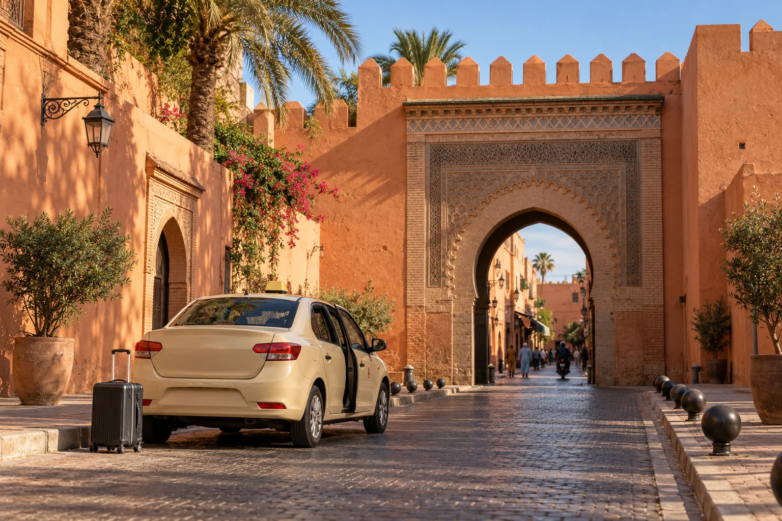 Taxi drop-off area beside the historic Medina walls in Marrakech. marrakech airport to city centre